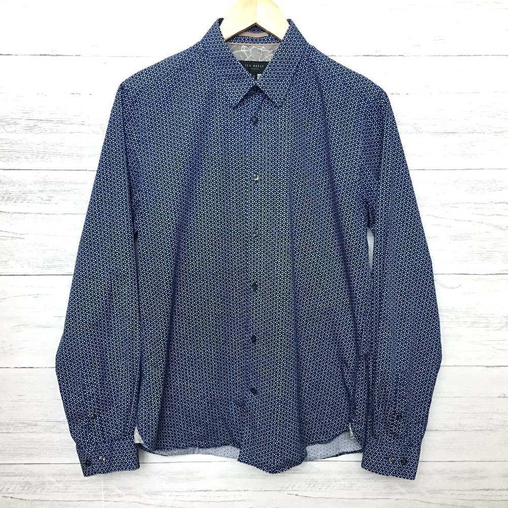 Ted Baker Men's Blue Print Shirt Slim Fit Button Front Long Sleeves size 15